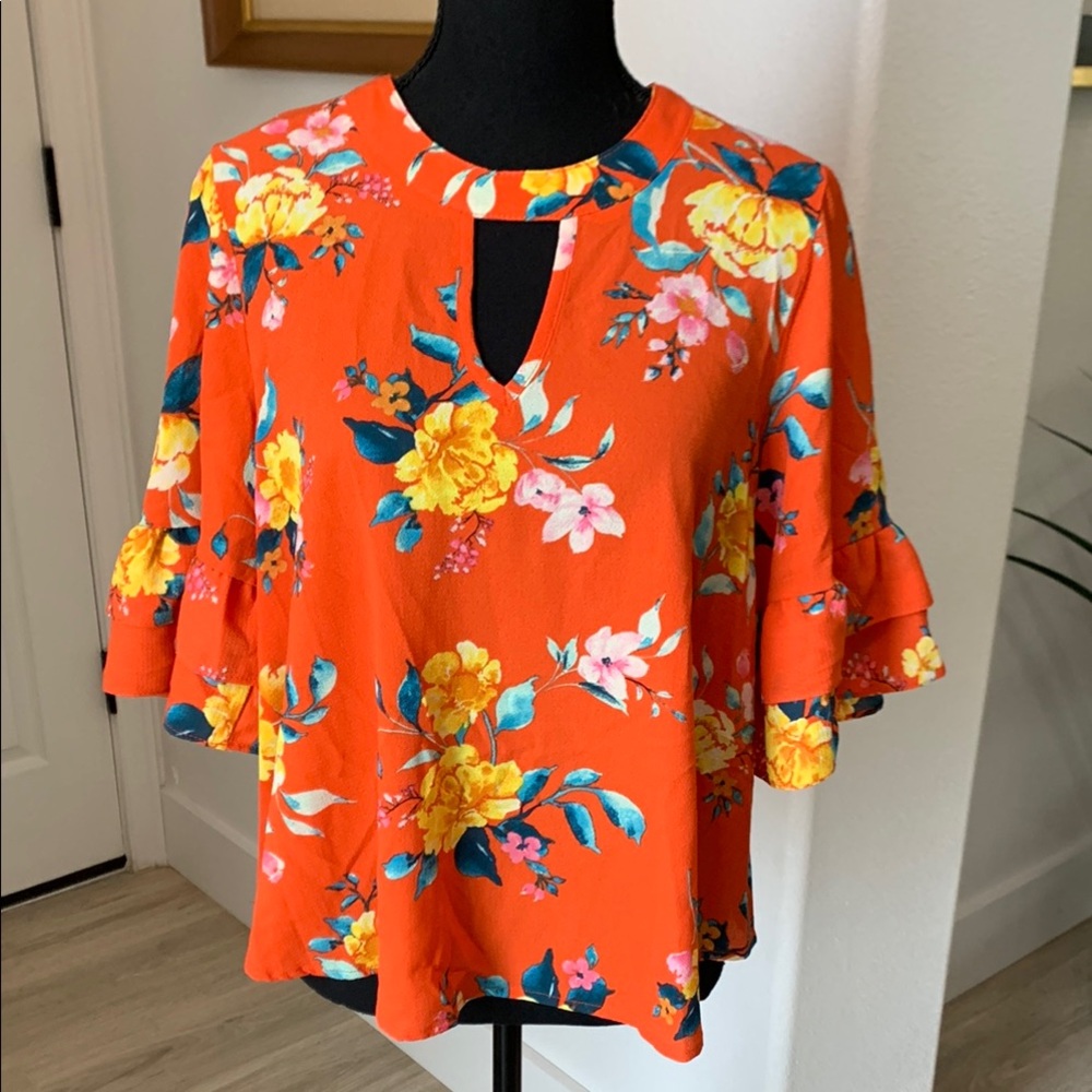 Orange Bell Sleeve Blouse with Ruffled Cut Out Design